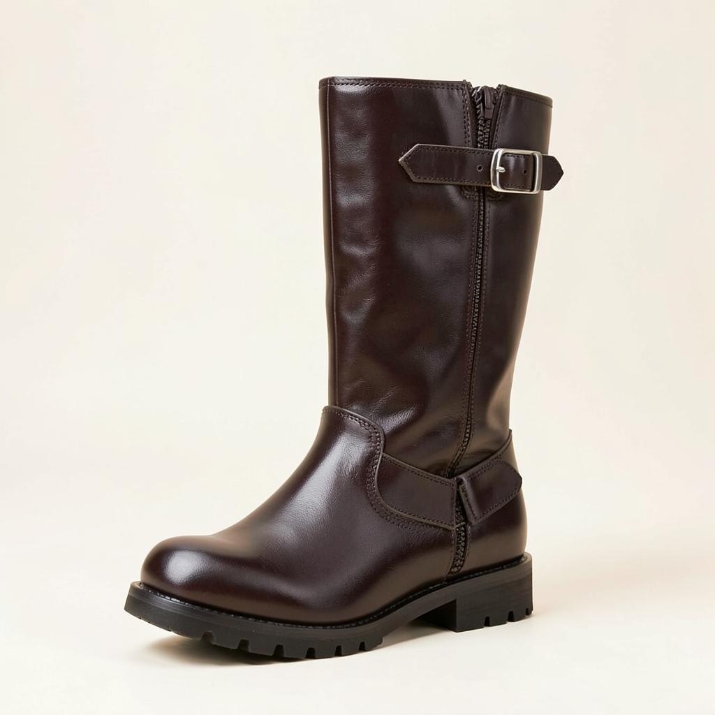 Brown equestrian knee-high boots with buckle straps