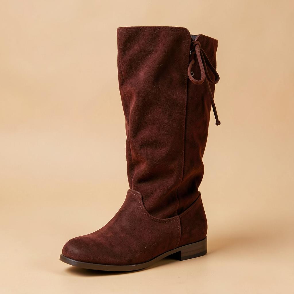 Reddish-brown faux-suede knee-high boots with rear lacing