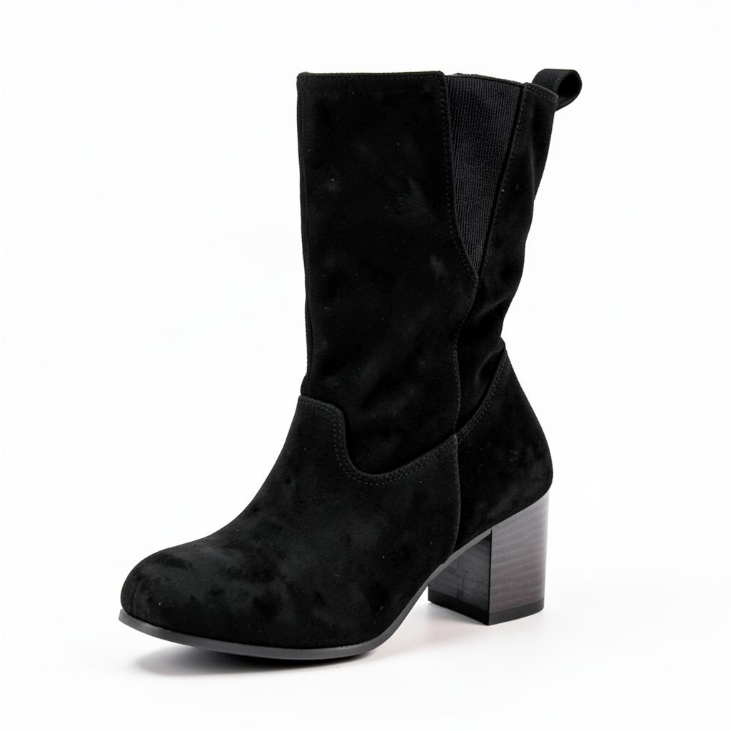 Black faux-suede mid-calf boots with a stretch panel and chunky heel