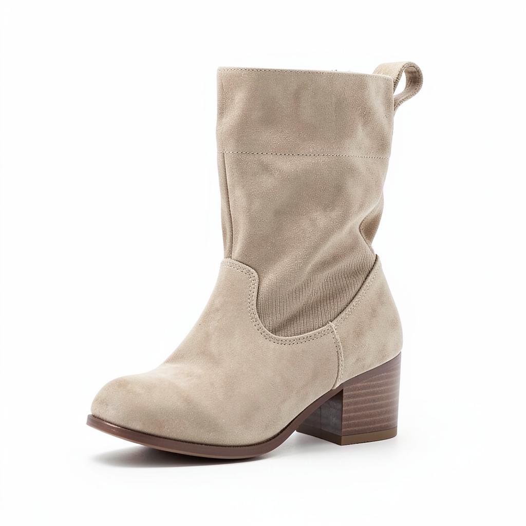 Khaki faux-suede mid-calf boots with a block heel