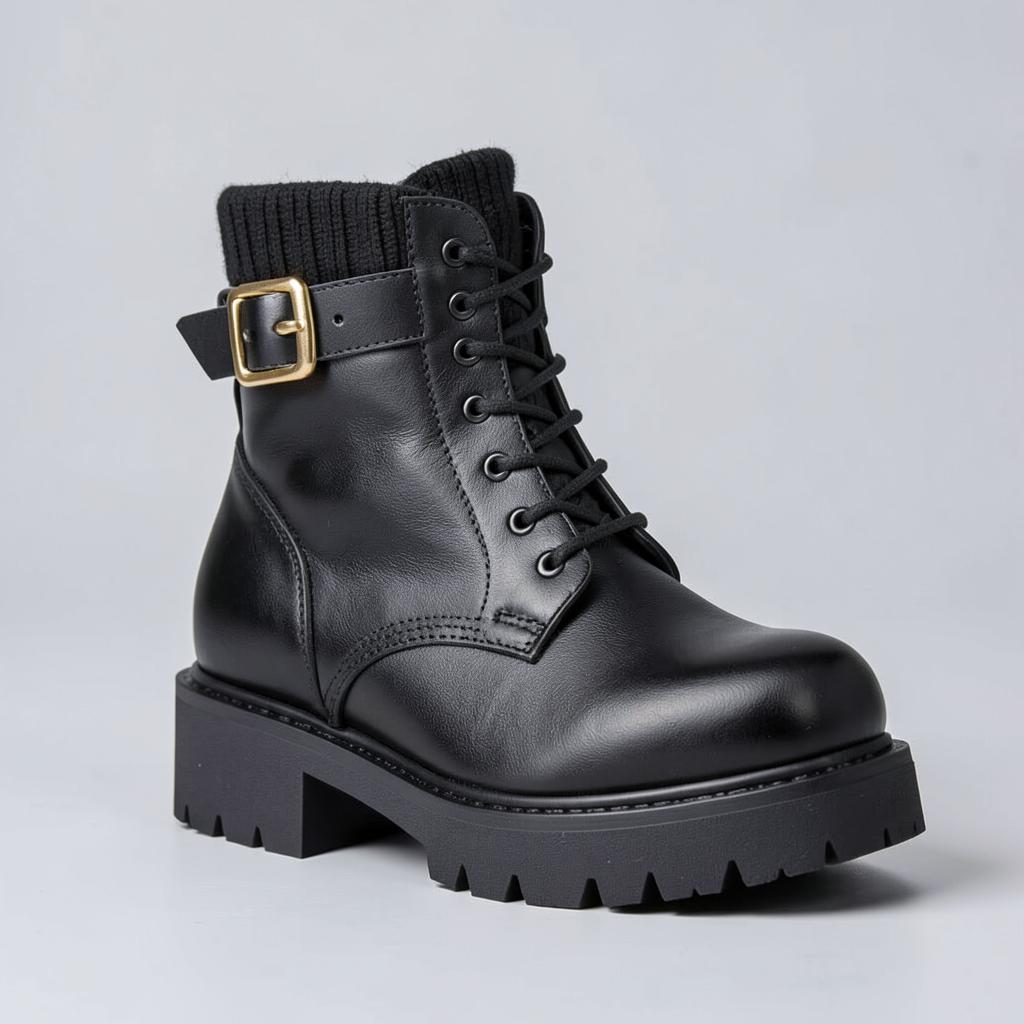 Black platform ankle boots with laces and a gold-tone buckle