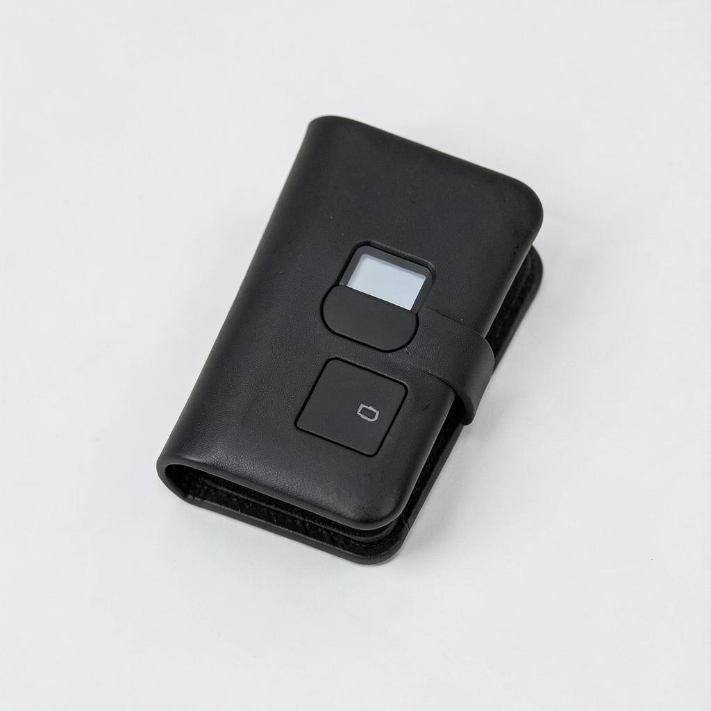 Foldable smart wallet with a tiny display in matte black
